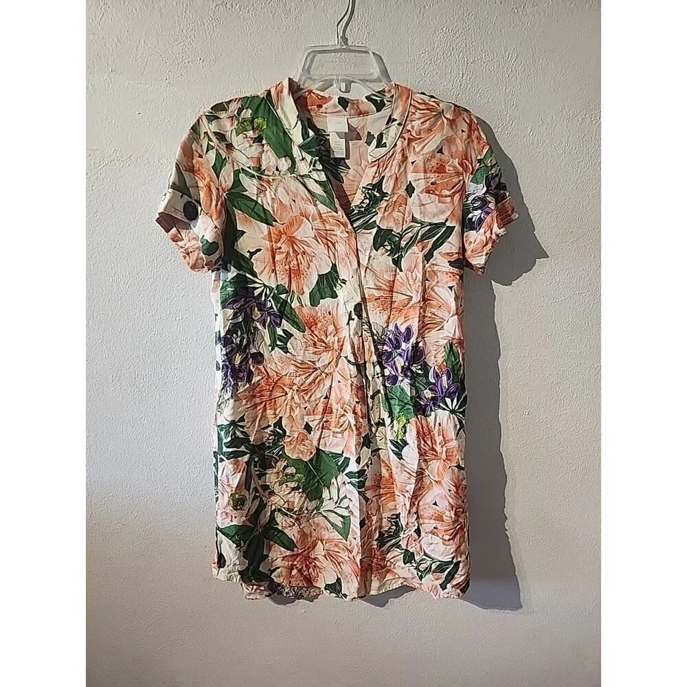 H&M Tunic Womens XS Mini Shirt Dress White Floral Tropical Hibiscus Hawaiian